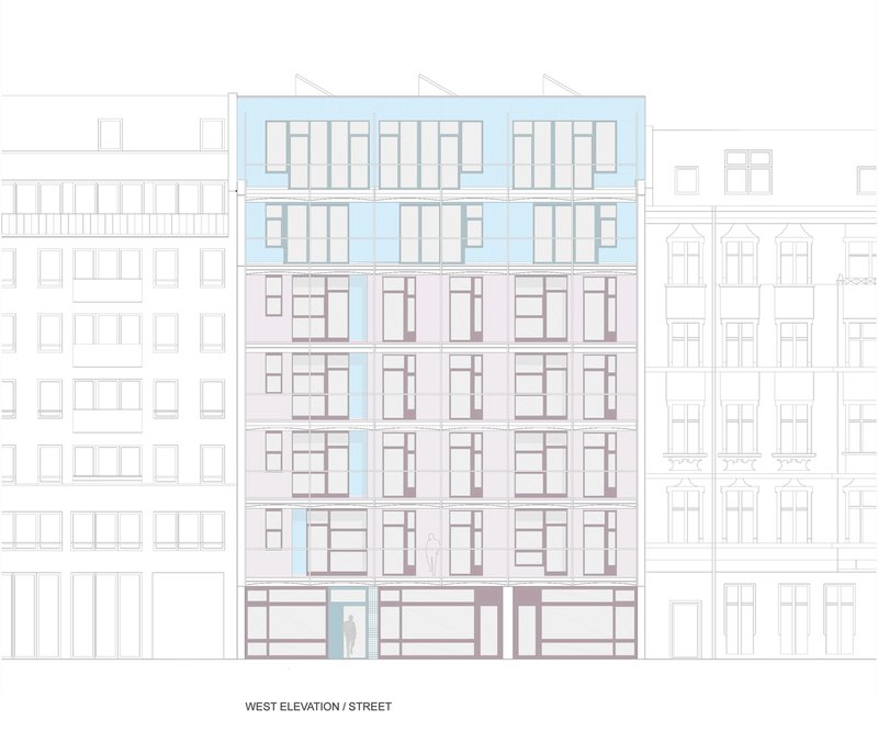 West elevation drawing of the street facade flanked by neighboring building outlines