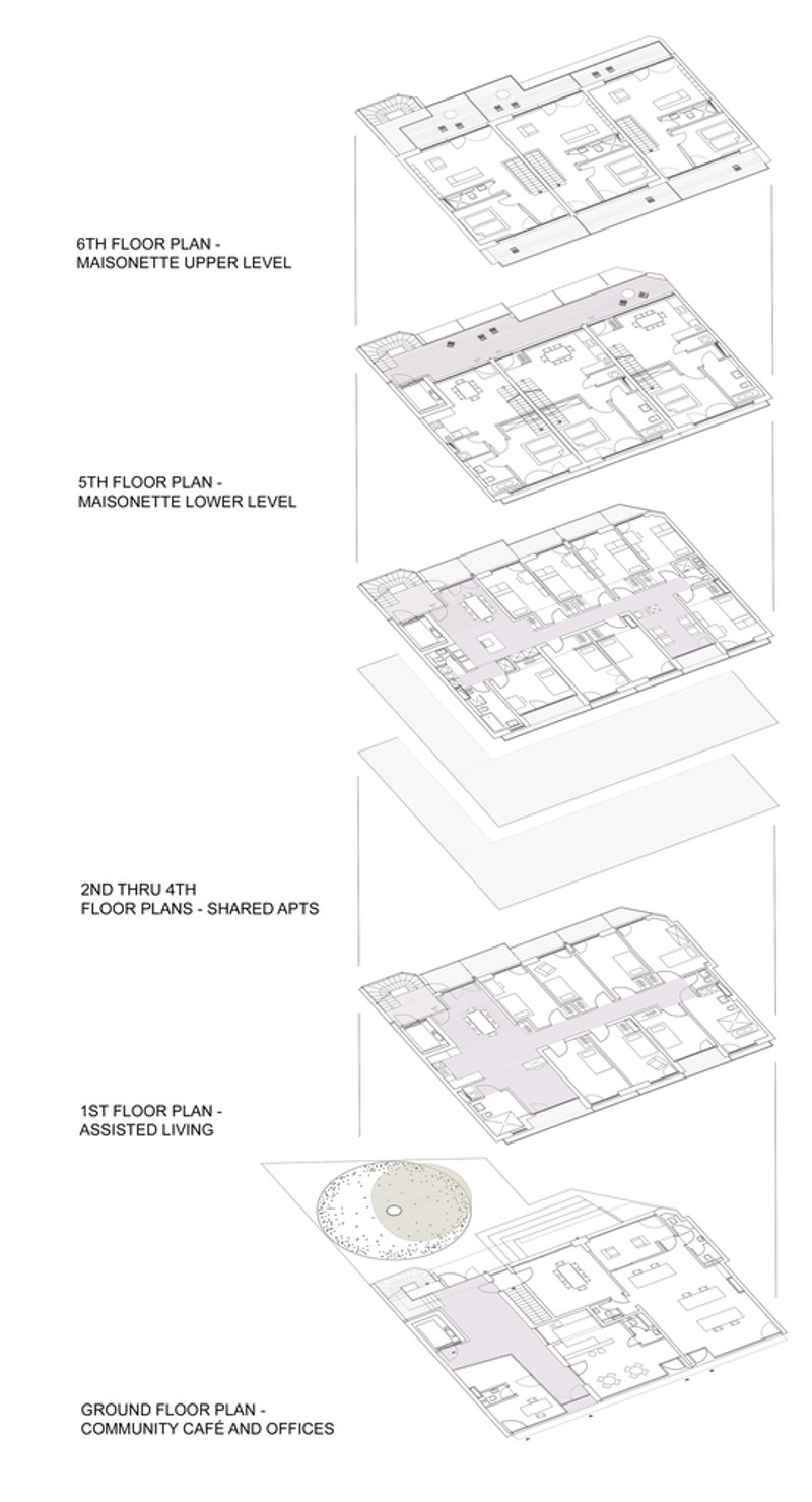 Exploded axonometric drawing showing six floor plans stacked from ground level to upper maisonettes