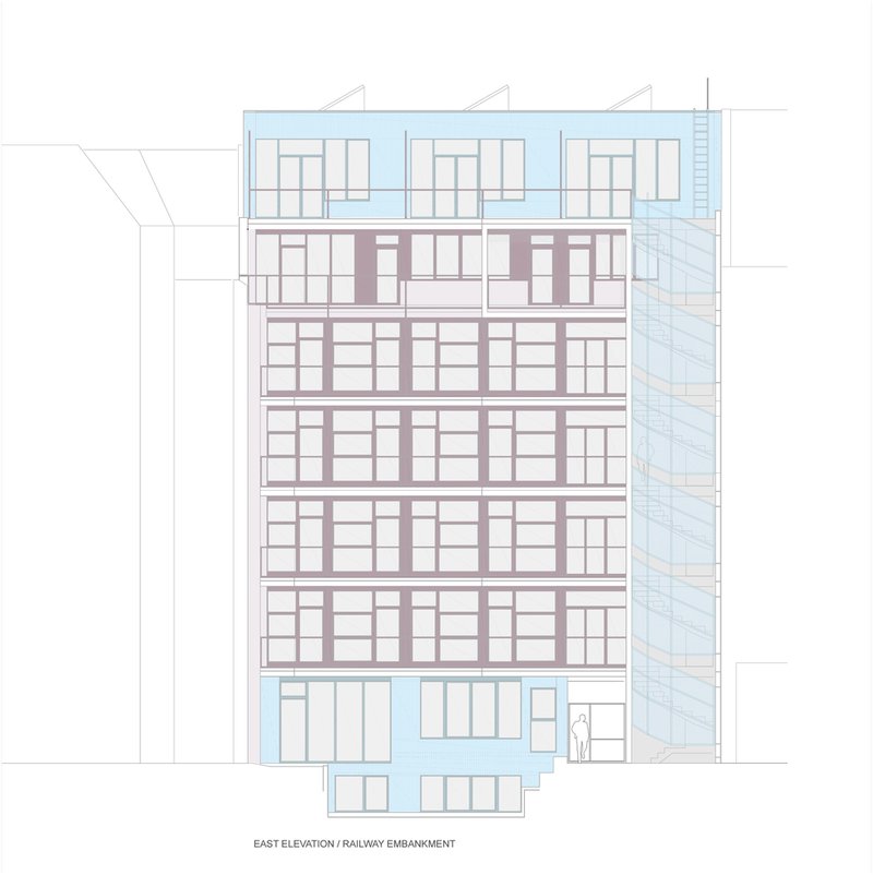 East elevation drawing showing the facade facing the railway embankment with a figure at entry