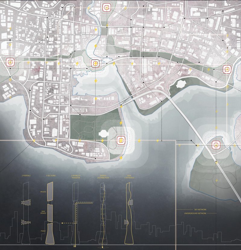 A detailed map illustrating the magnetic city’s transportation hubs, energy distribution, and urban integration.
