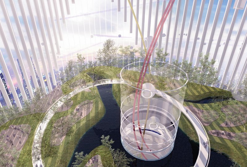 A bird’s-eye view of the vertical gardens, offering serene green spaces amidst the urban sprawl.