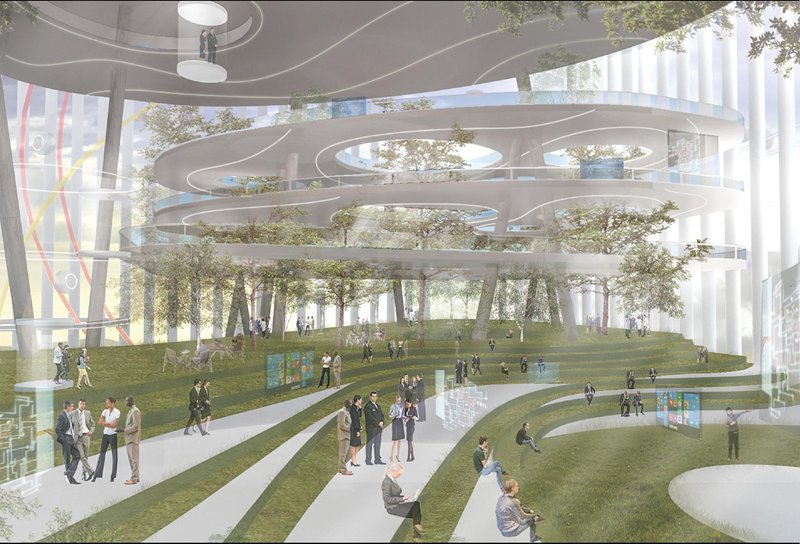 A vibrant civic center where nature meets innovation, showcasing green terraces and collaborative spaces.