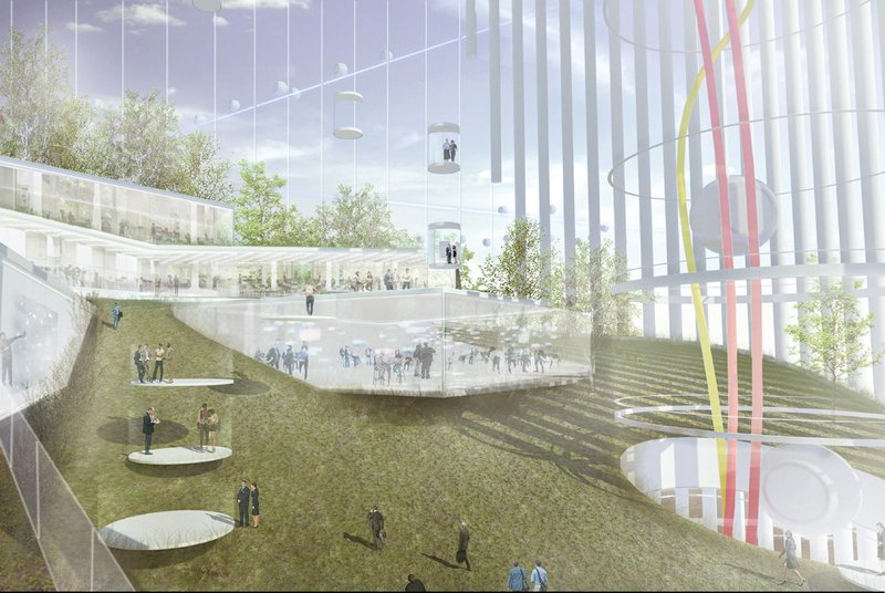 A close-up of sustainable, green office spaces with an interconnected network for mobility and collaboration.
