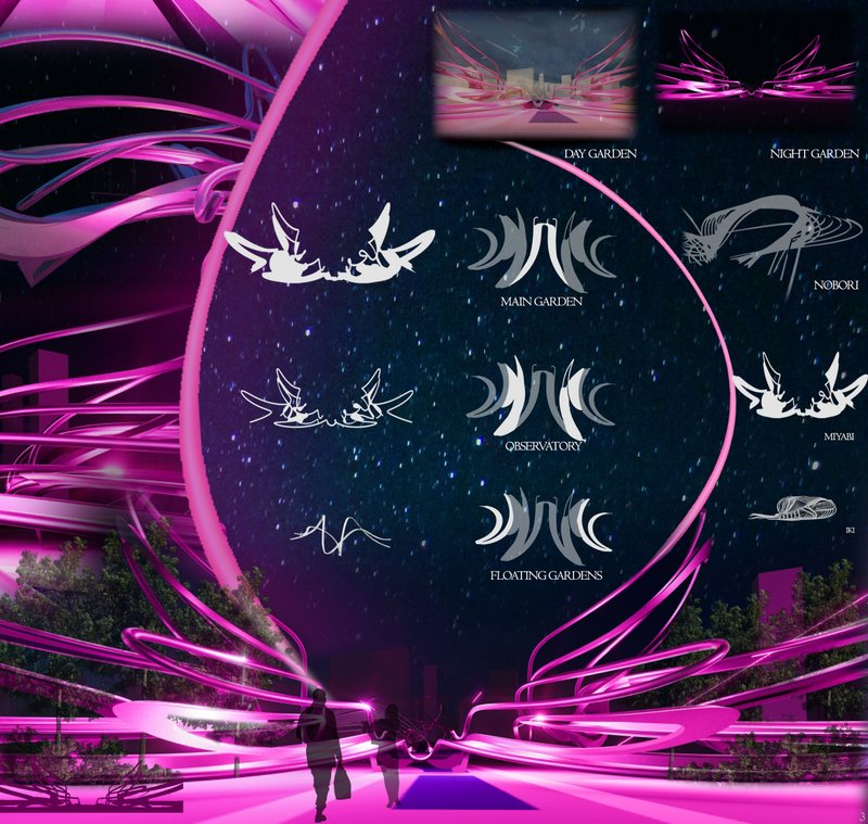 Magenta-lit curved walkway with planted beds and visitors moving beneath an arching structural framework