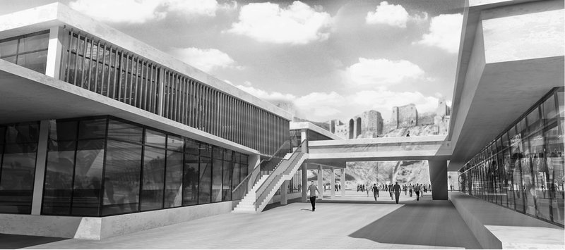 Modern design meets history: A glimpse of the Art Center in Aleppo with the majestic Aleppo Castle in the background.