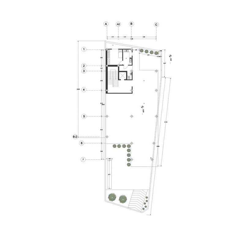 First floor plan drawing showing upper level rooms with a rooftop terrace and planted areas