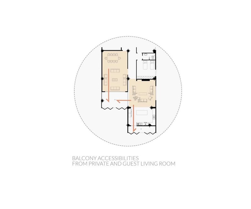 Floor plan showing balcony access from private and guest living rooms with furnishings indicated
