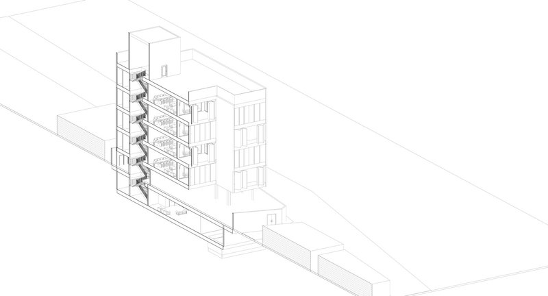 Axonometric drawing of the multi-storey block with exposed balconies on a sloped streetscape