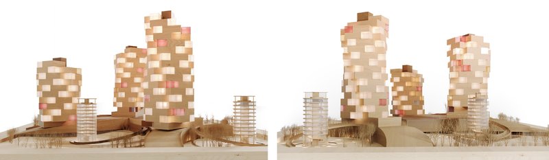 Vibrant Co-Living Towers: Modern design emphasizing shared spaces and eco-friendly living.