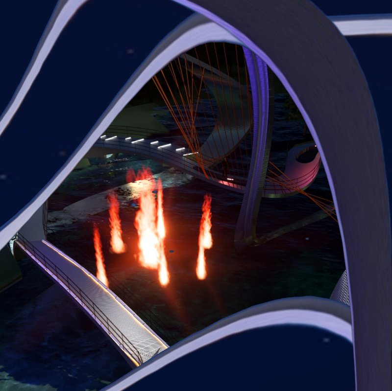 View through the arched portal showing illuminated water features and cable structure at dusk