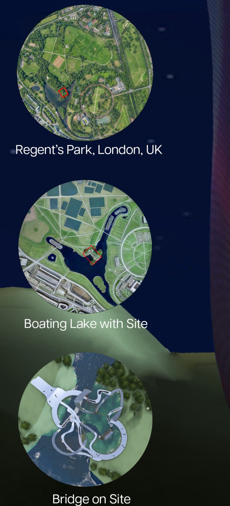 Site plan diagram showing three aerial views of the lakeside intervention and surrounding parkland