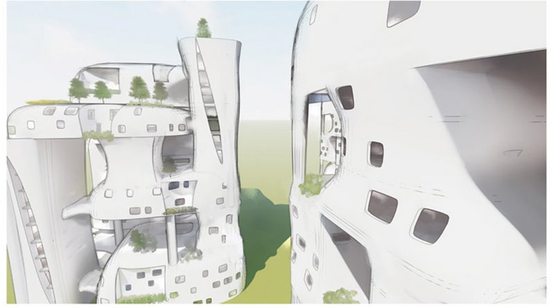 Exterior view of the organic white towers with irregular window openings, planted green terraces, and tentacle-like forms branching upward from the ground
