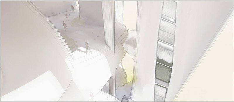 Interior view looking down through a sculptural white void between floors, with a figure standing below and shelving built into the curved organic walls