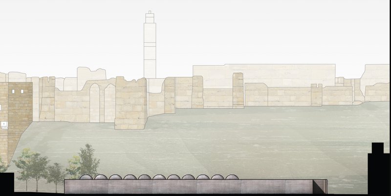 An elevation showcasing the seamless integration of the Museum of Memory with Aleppo's historic skyline.