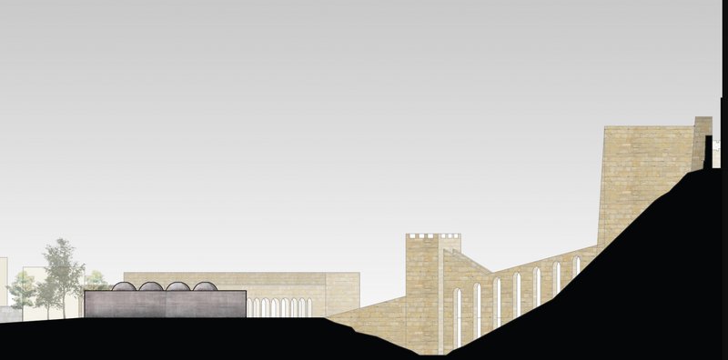 An elevation highlighting the juxtaposition of the Museum of Memory with Aleppo's timeless architectural elements.
