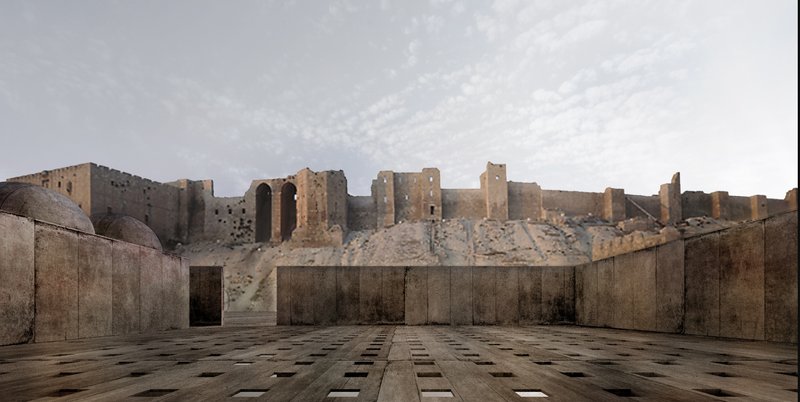 The Rooftop of the Museum of Memory, harmonizing contemporary architecture with Aleppo's historic citadel as its backdrop.