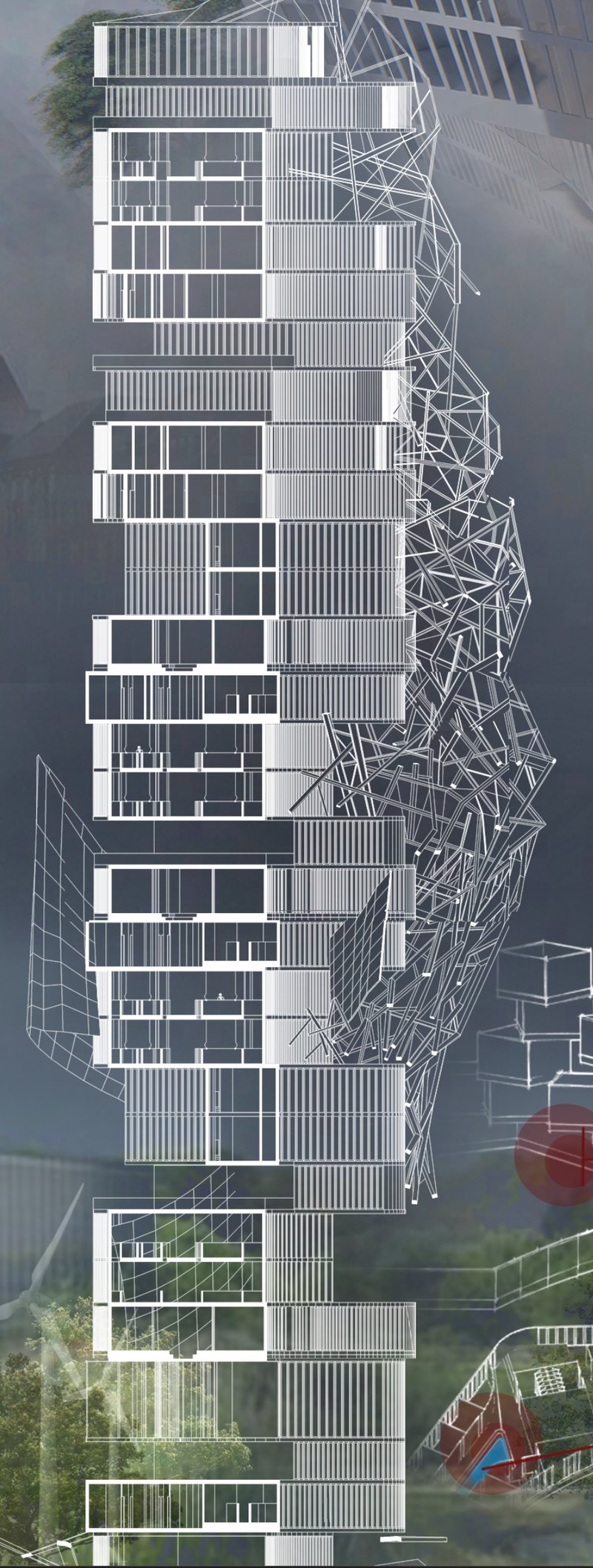 A detailed view showcasing the intricate steel framework and modular design of the skyscraper.