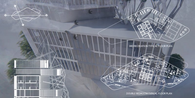 Sustainable Features: Illustrations of green materials blended with steel structures.