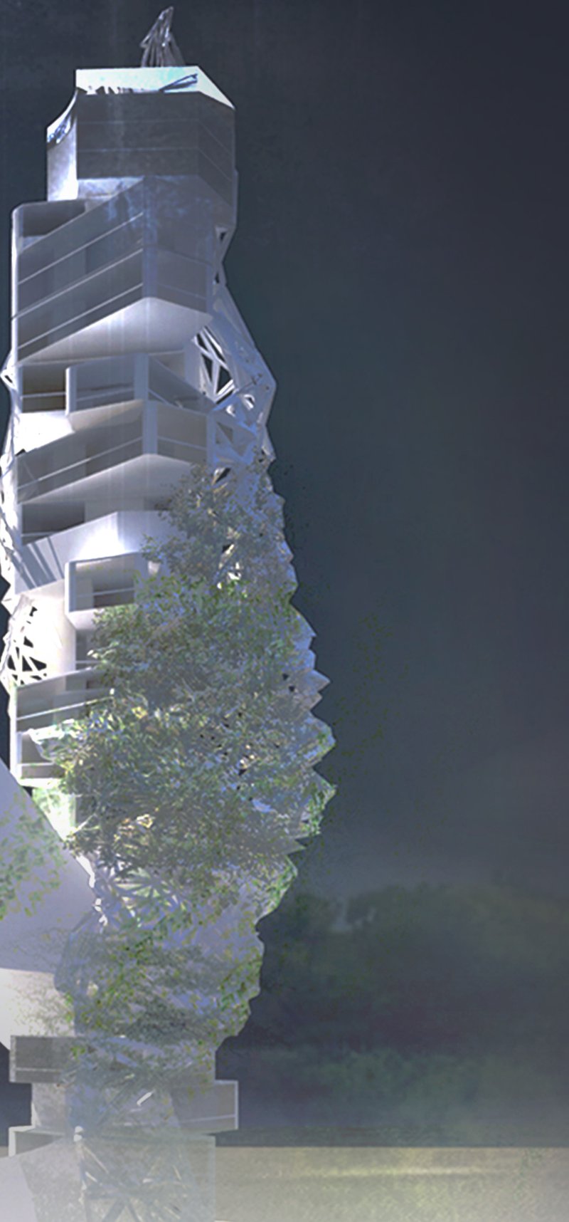 A futuristic skyscraper integrating AI and green architecture.