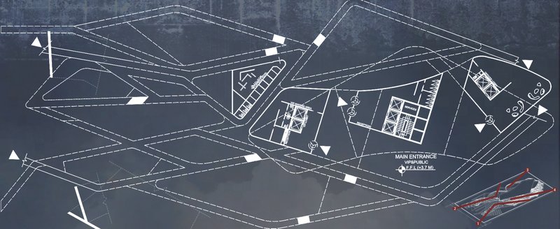 A blueprint showcasing the interconnected spaces and ramps.