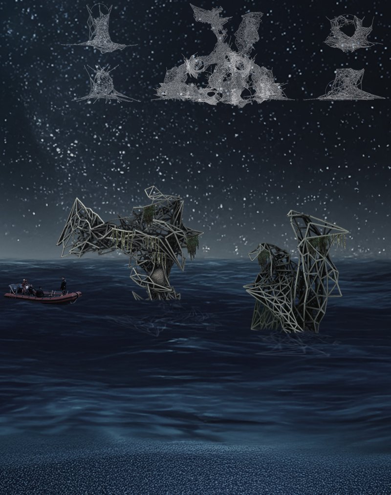 Nighttime Vision of Coral Spine: The dynamic structure illuminated under the moonlight, showcasing its interaction with the marine environment.