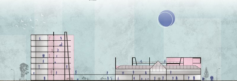 A cross-sectional view showcasing residential and communal spaces integrated with sustainable design elements.