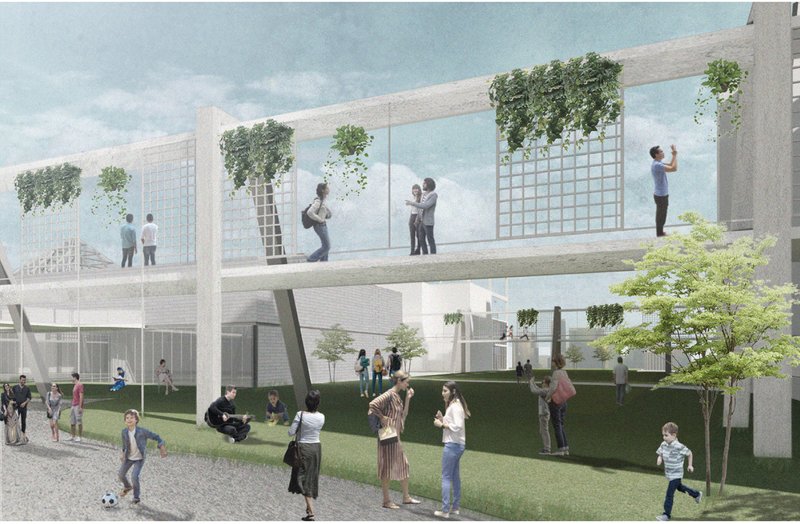 Elevated walkways adorned with plants, fostering connectivity and promoting environmental harmony.