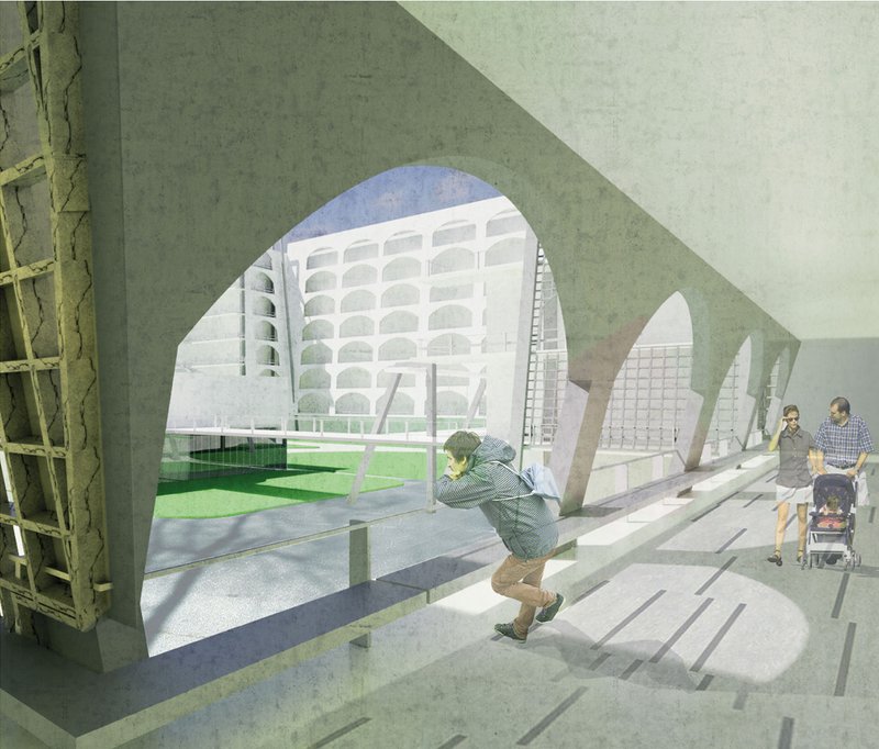 A perspective of covered bridges linking spaces, blending modern architecture with natural surroundings.