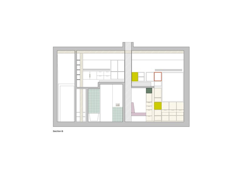 Section drawing showing double-height spaces with tiled surfaces and colored built-in elements