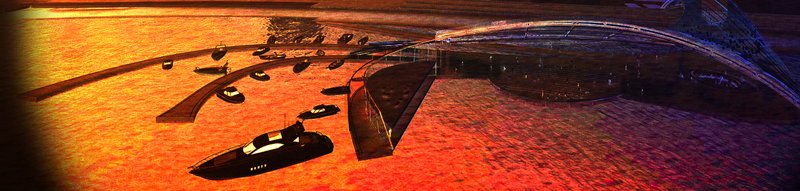 Aerial model view of harbor development with boats scattered across golden water surface