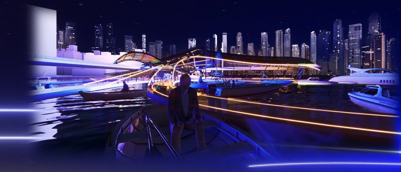 Waterfront deck with illuminated curved structural ribs and two figures at dusk