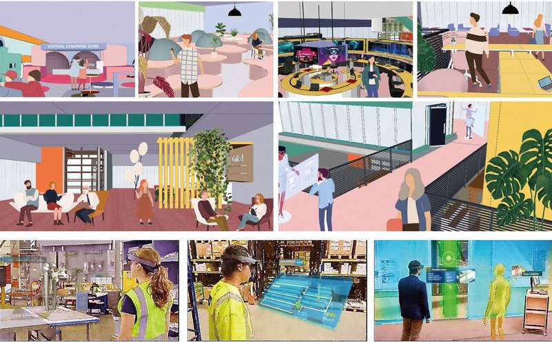 A vibrant co-working and social hub integrating VR for immersive collaboration, creativity, and leisure.