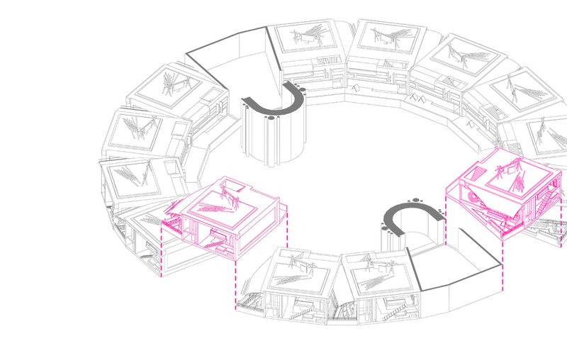 Rotational Housing Units - Highlighting modular housing units with adaptable and sustainable layouts in Seed City.