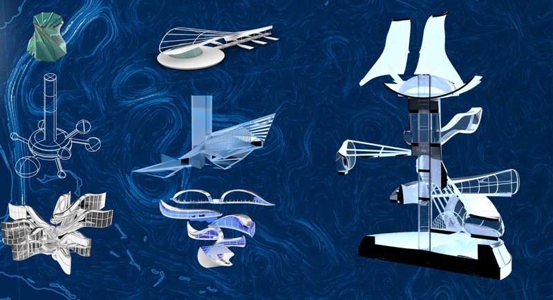 Design Models and Structures: Initial concept models and detailed section cuts showcasing biomimicry-inspired architectural elements.