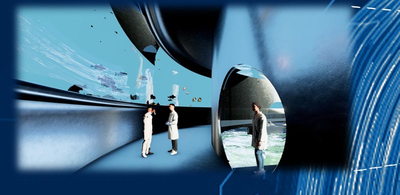 Marine Research Facility: Interior view of the research center, designed for studying coral ecosystems and marine life.