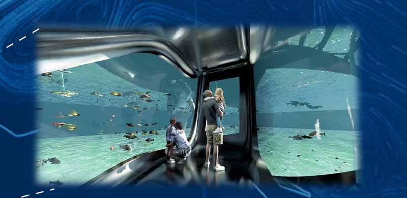 Visitors enjoying the underwater ecosystem through expansive, immersive viewing chambers.
