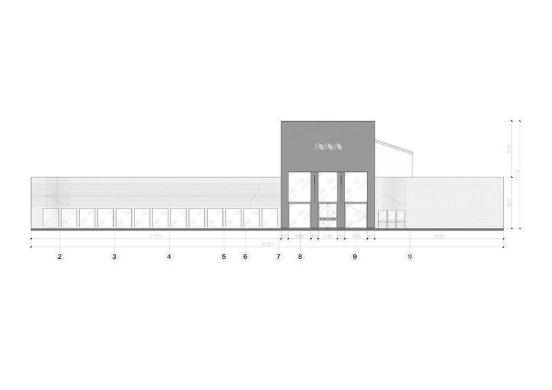 Side elevation: long low brick volume with the white entry block rising at centre, dimensional annotations