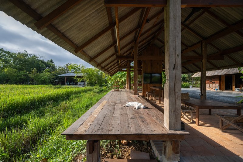 Long timber dining table on brick paving beneath exposed timber rafters and corrugated metal roofing