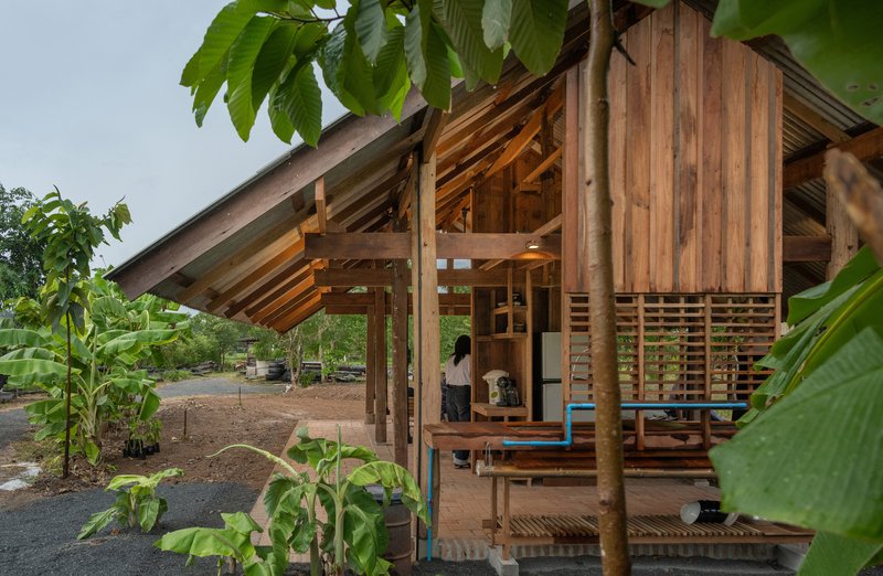 Exterior view of the open timber pavilion with exposed rafters and slatted screens framed by tropical foliage