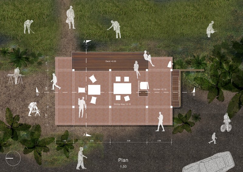 Plan drawing showing a rectangular deck with furniture and figures surrounded by lawn and palm trees