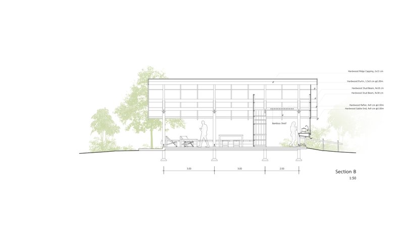 Section drawing revealing interior spaces with horizontal louvers and bamboo screens flanked by trees
