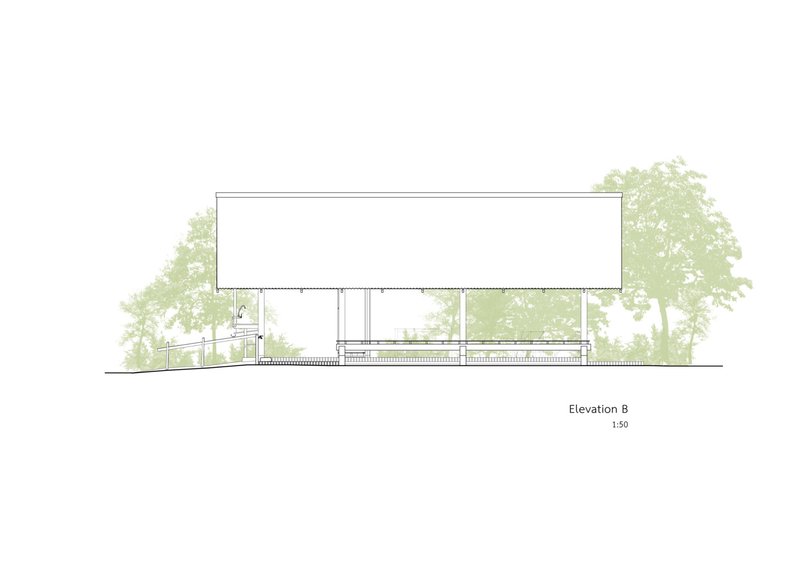 Elevation drawing depicting a flat-roofed volume with glazed openings and adjacent trees