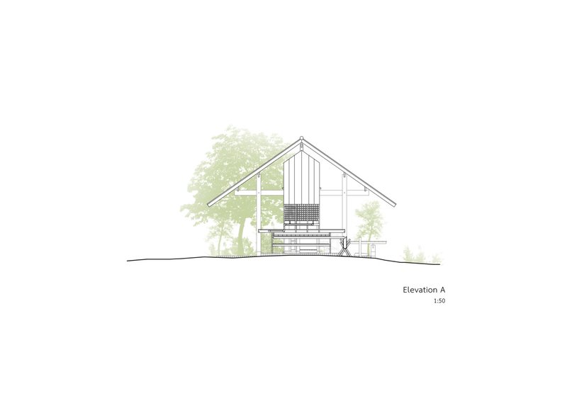Elevation drawing showing a gabled facade with vertical boards and brick base surrounded by vegetation