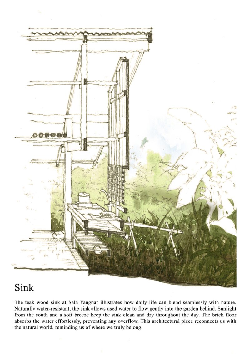 Watercolor sketch of an exterior sink with timber columns and planted bed beneath the eaves