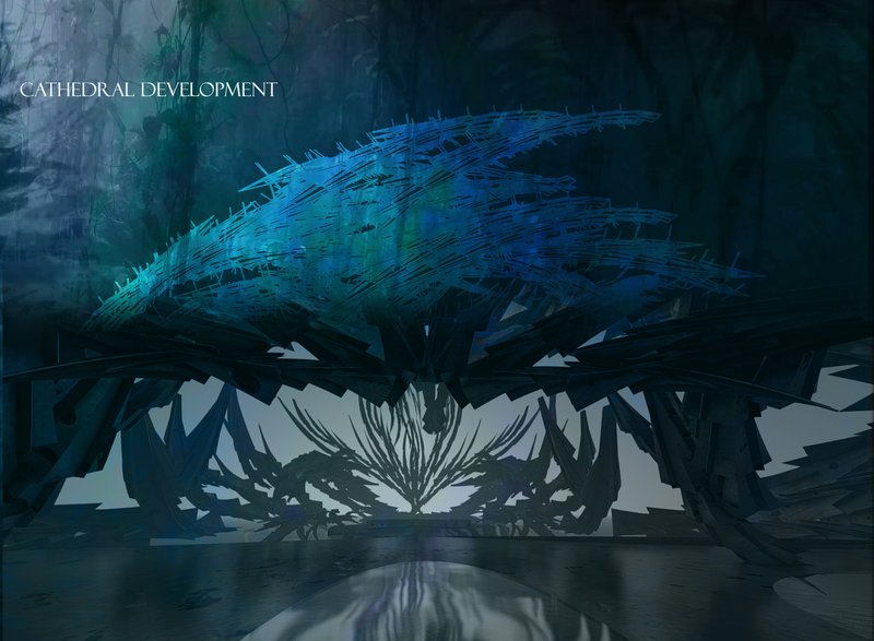 Luminous Renewal: The Cathedral of Breath's skeletal canopy symbolizes nature's reclamation, evolving into a thriving underwater ecosystem.