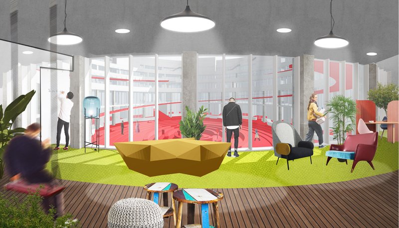 Communal lounge with green carpet, colourful furniture, a faceted gold coffee table, and a curved glass wall looking onto the red central arena