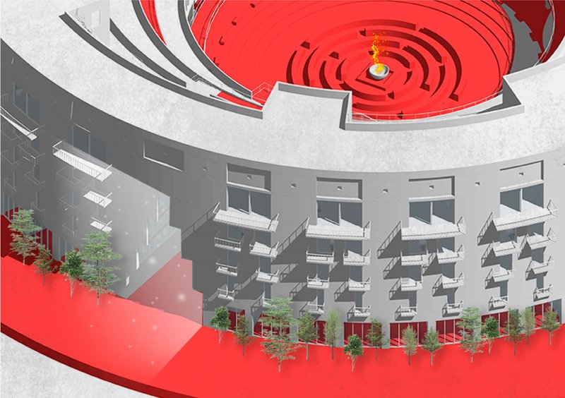 Cutaway of the circular building showing the red spiral ramp, inward-facing apartments with balconies, trees at the base, and the arena at the core