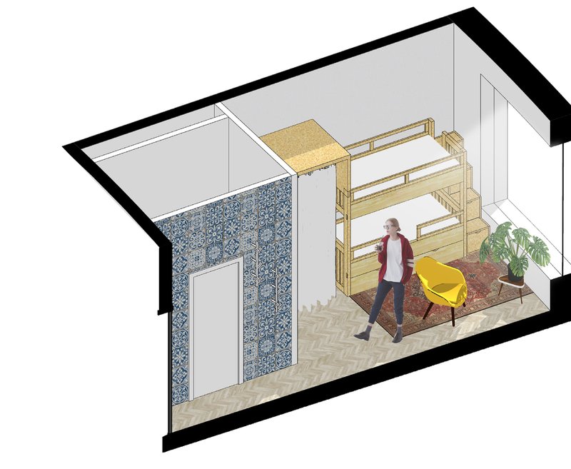 Capsule unit axonometric: compact room with a loft bed, blue patterned tile bathroom, yellow armchair, herringbone floor, and a potted plant