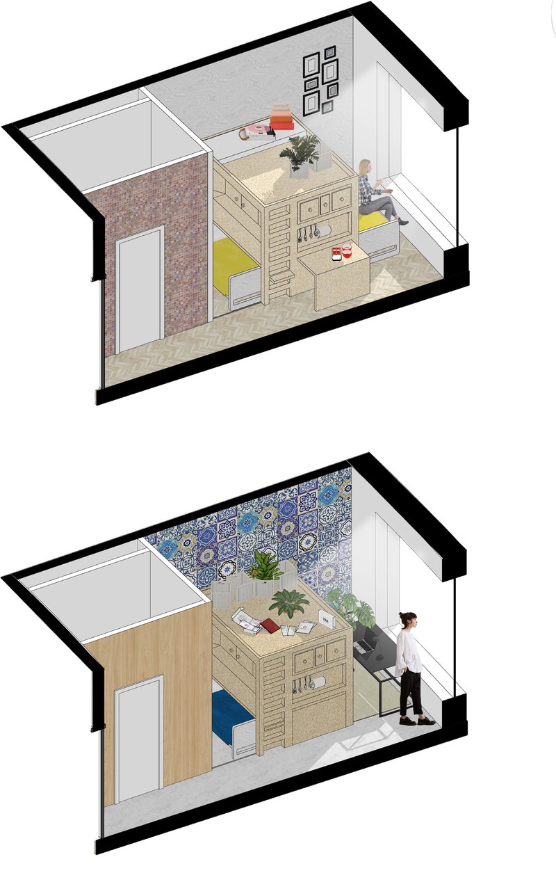 Two unit axonometrics: a studio with built-in desk, bed, and shelving (top), and a co-working unit with blue tile accent wall and standing desk (bottom)
