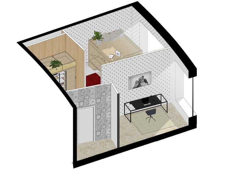 Larger apartment axonometric: separate bedroom with red headboard, living and work area with desk, patterned tile bathroom, and clerestory windows